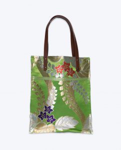 Green, gold, purple and red wisteria pattern upcycled vintage Japanese obi medium Tote